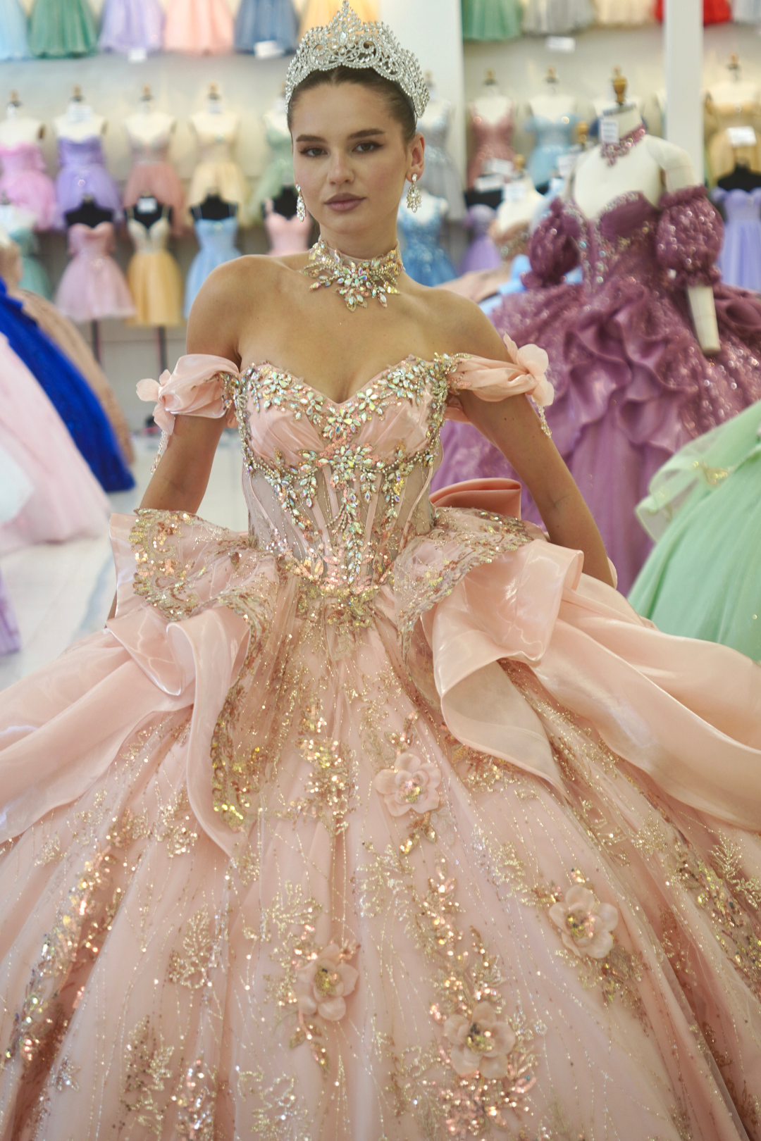 Off-Shoulder Sweetheart Beaded Corset Glitter Ball Gown Quinceañera Dress by Layla K LK313