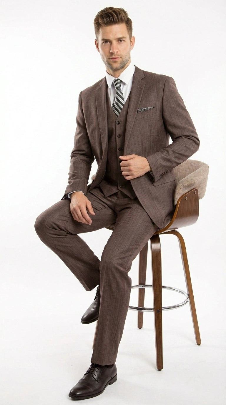 Men’s Brown Sharkskin 3 Piece Suit – Textured Two Button Vested Business Formal Suit for Wedding, Party Wear Vested