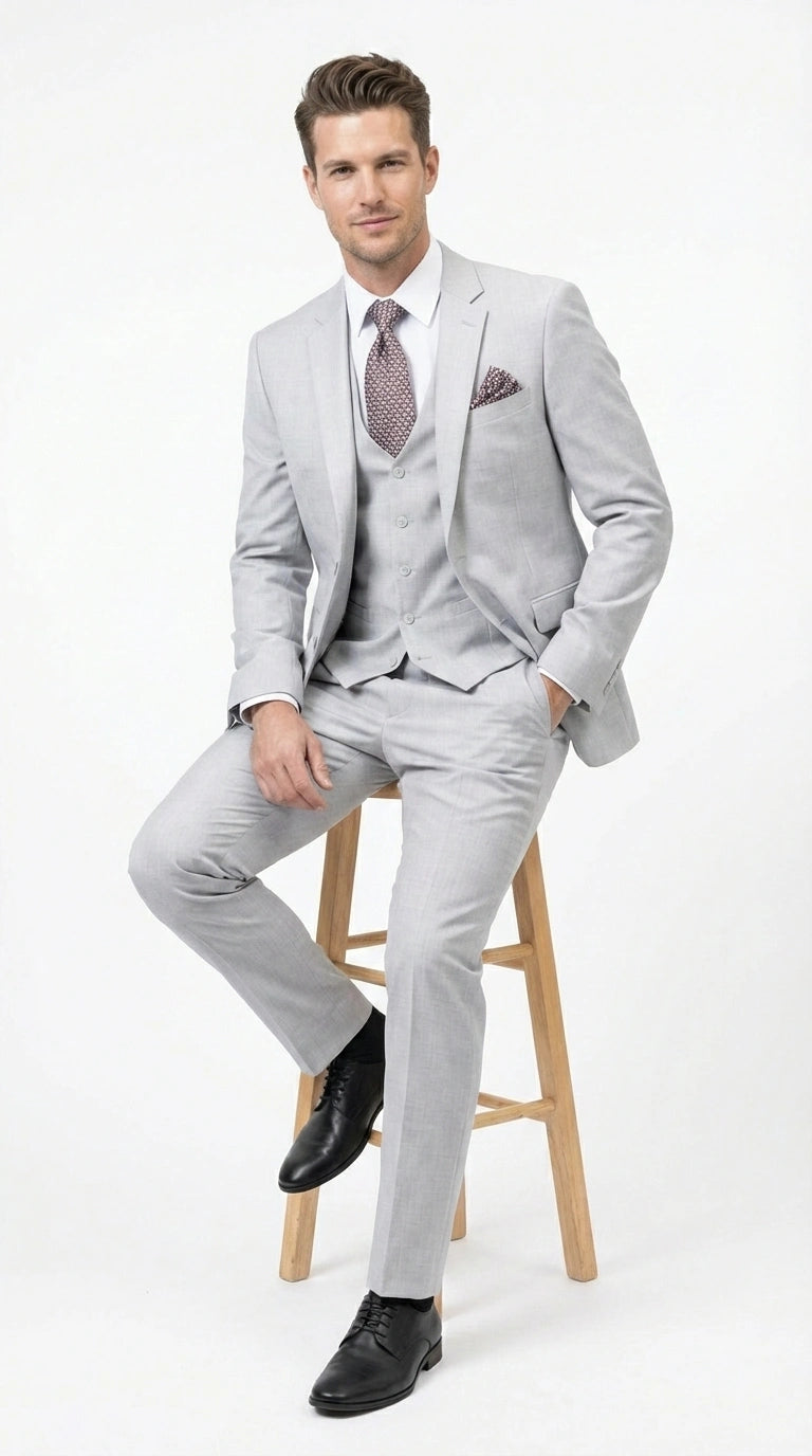 Men’s Light Grey Sharkskin 3 Piece Suit – Two Button Vested Modern Formal Business Suit for Wedding in silver Ice Gray