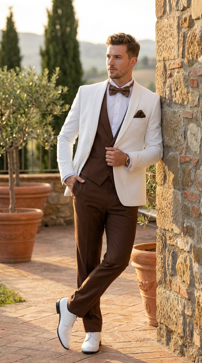 Men’s Ivory and Brown 3 Piece Suit – Elegant White Blazer with Brown Vest and Trousers for Wedding, Prom and Formal Events in off White Cream + Bowtie