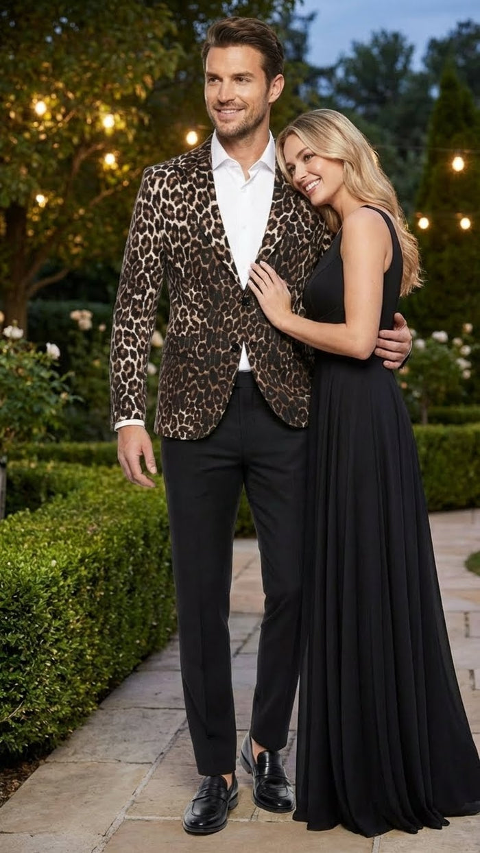 Alberto Nardoni men's leopard print blazer. Fitted, single-breasted, black and brown leopard pattern. Sharp lapels, smooth fabric. Paired with black trousers.
