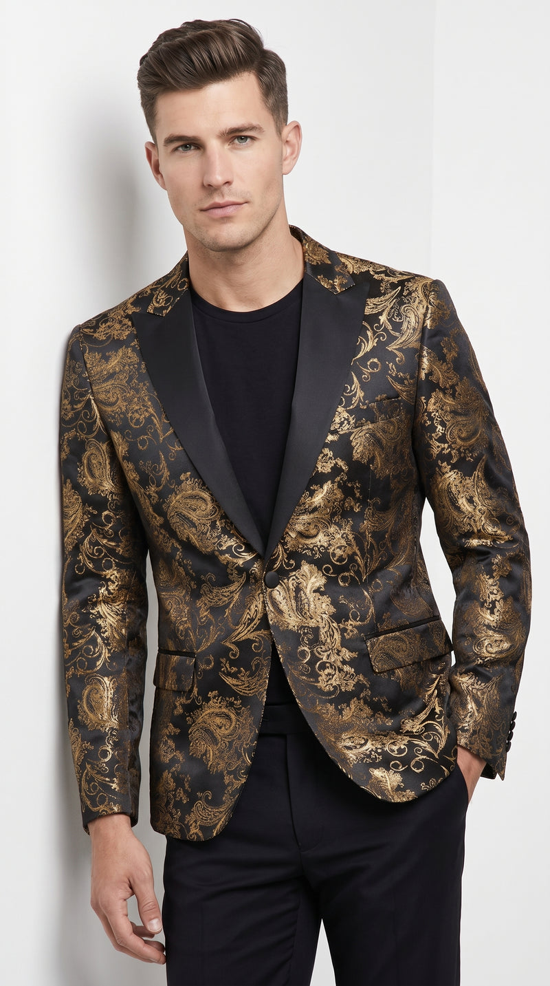 Men’s Black & Gold Paisley Tuxedo Jacket – Luxury Floral Formal Dinner Blazer Black Pants