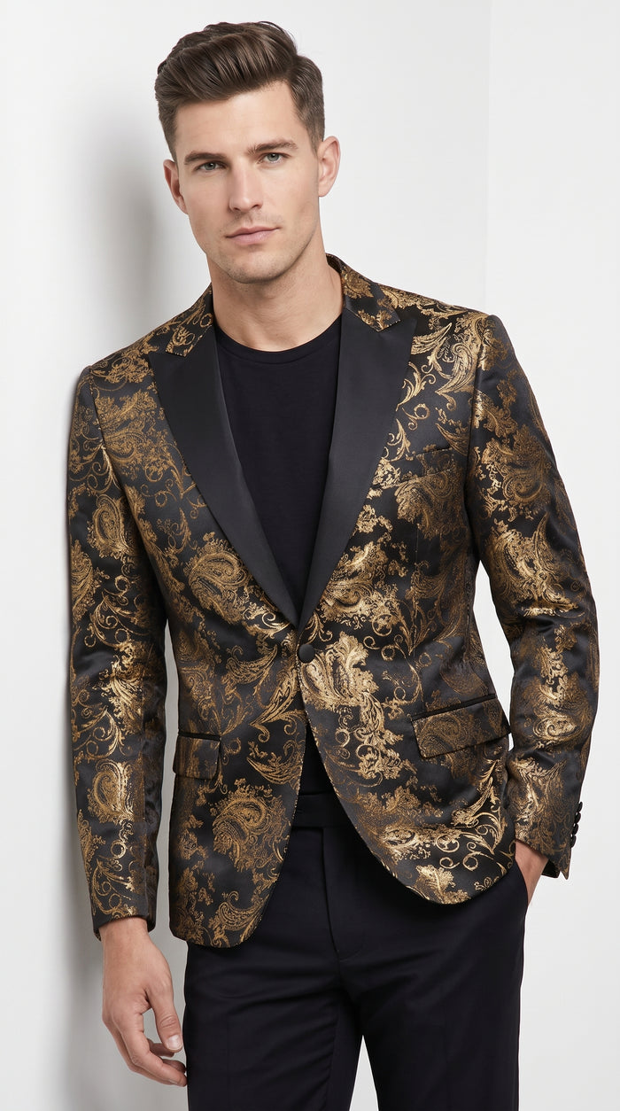 Men’s Black & Gold Paisley Tuxedo Jacket – Luxury Floral Formal Dinner Blazer Black Pants