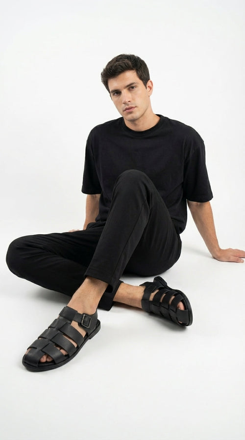 Mens Black Leather Sandals – Buckle Strap Casual Summer Shoes Breathable Open Toe Comfort Footwear