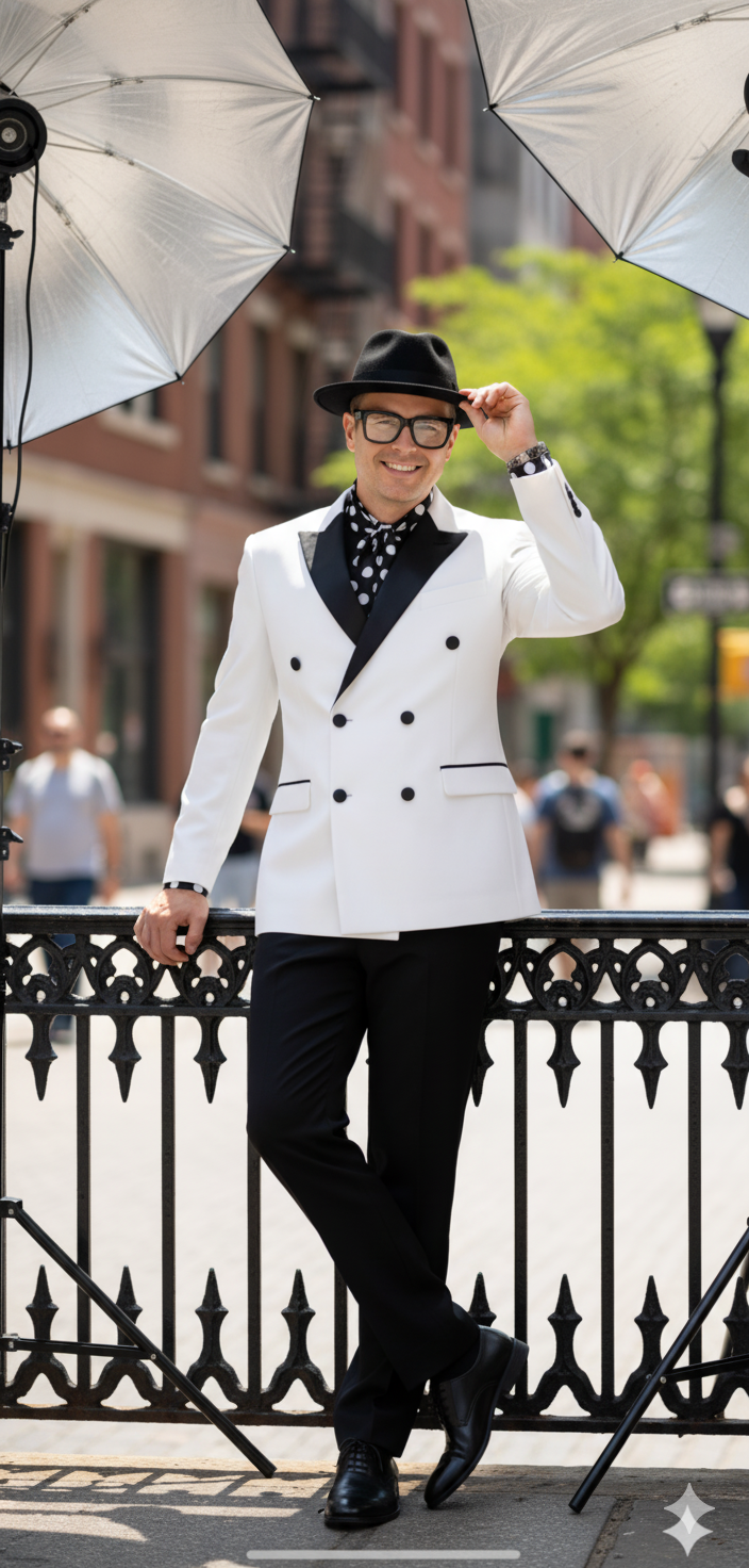 Men's slim-fit double-breasted tuxedo in white & black. Black lapels, buttons, trousers, and shoes. Modern and stylish formal wear.
