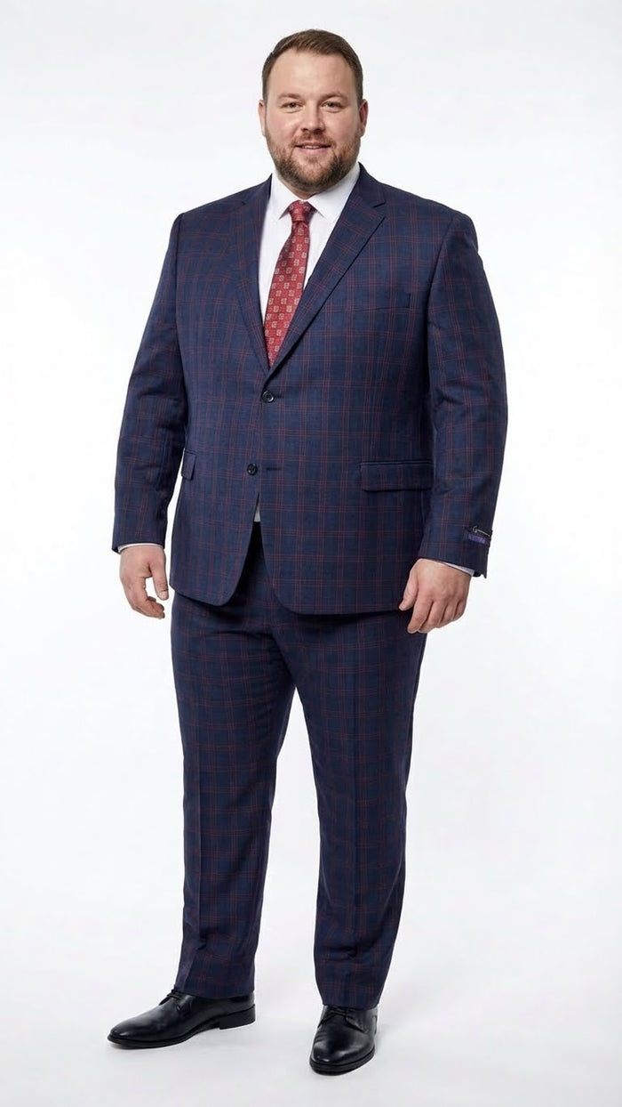 Navy and burgundy checkered men's suit with windowpane pattern. Features a notched lapel jacket, flat-front trousers, and straight leg. Woven fabric. Paired with black dress shoes.
