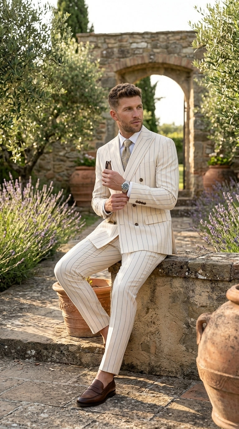 Men’s Cream Off White Pinstripe Linen Pinstripe 2 Piece Double Breasted Suit, Summer Wedding Ivory Color By Vitali