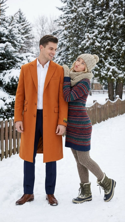 Men's orange rust wool-blend overcoat. Tailored fit, single-breasted, button closure. Features notch lapel and two side pockets. A stylish, warm choice.
