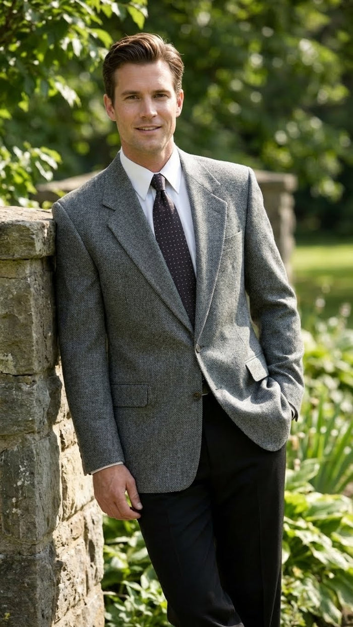 Dark grey men's blazer. Textured fabric, charcoal grey color. Notched lapel, two front pockets, single-button closure. Structured, close-fitting torso design.
