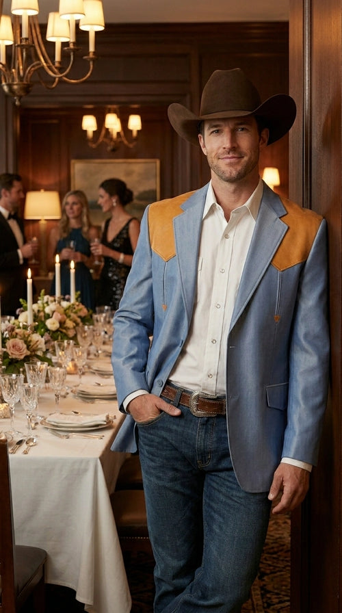 Men’s Sky Blue and Gold Western Cowboy Blazer – Classic Country Style  Jacket, Vintage in Steel blue Color