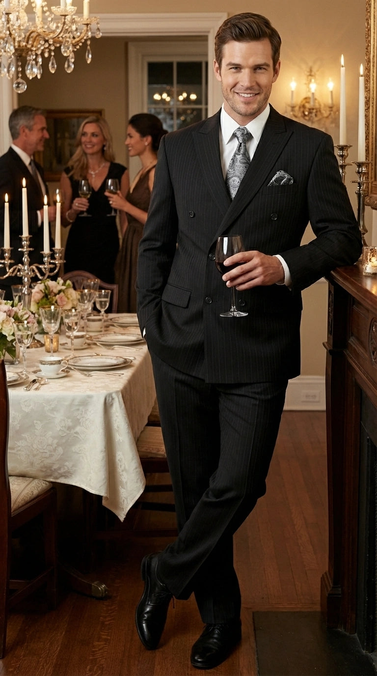 Men’s Black Pinstripe Double Breasted Suit – Peak Lapel Classic Fit Formal Business Conservative settle stripe