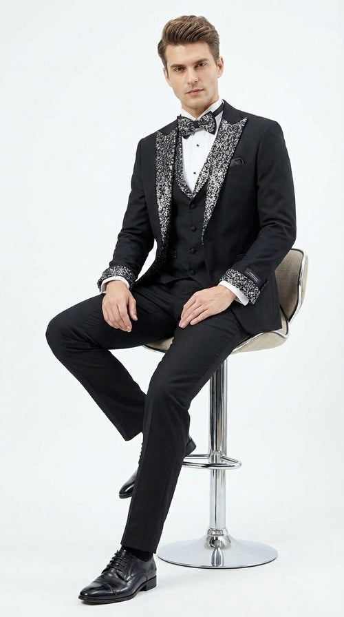 Mens Black and White Lapel Tuxedo Suit – Black Formal Tuxedo with White Pattern Lapel for Wedding, Prom and Evening Events