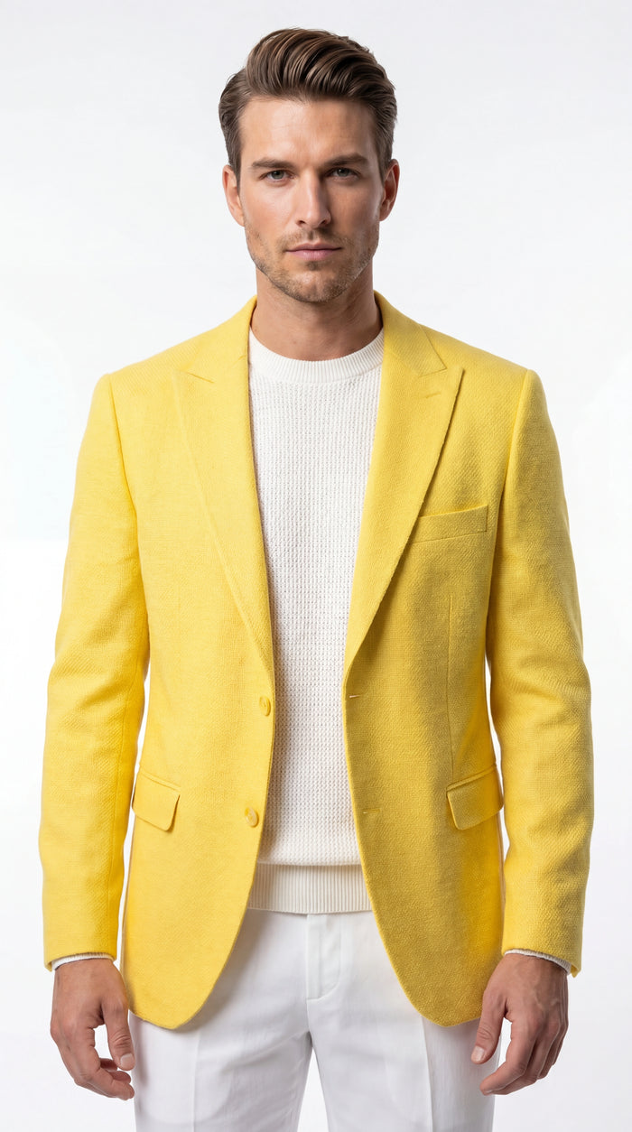 Zacci Brand Men’s Lemon Yellow Blazer Peak Lapel Hopsack Weave – Stylish Formal Blazer Jacket for Wedding, Party, Prom and Smart Casual Wear