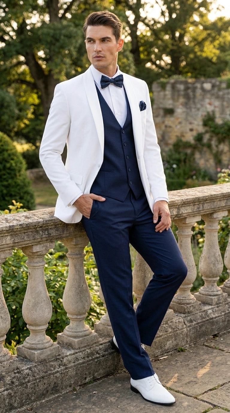 Men’s White and Navy blue tuxedo  3 Piece Suit – Classic White Blazer with Navy Vest and Pants for Wedding, Party + Bowtie