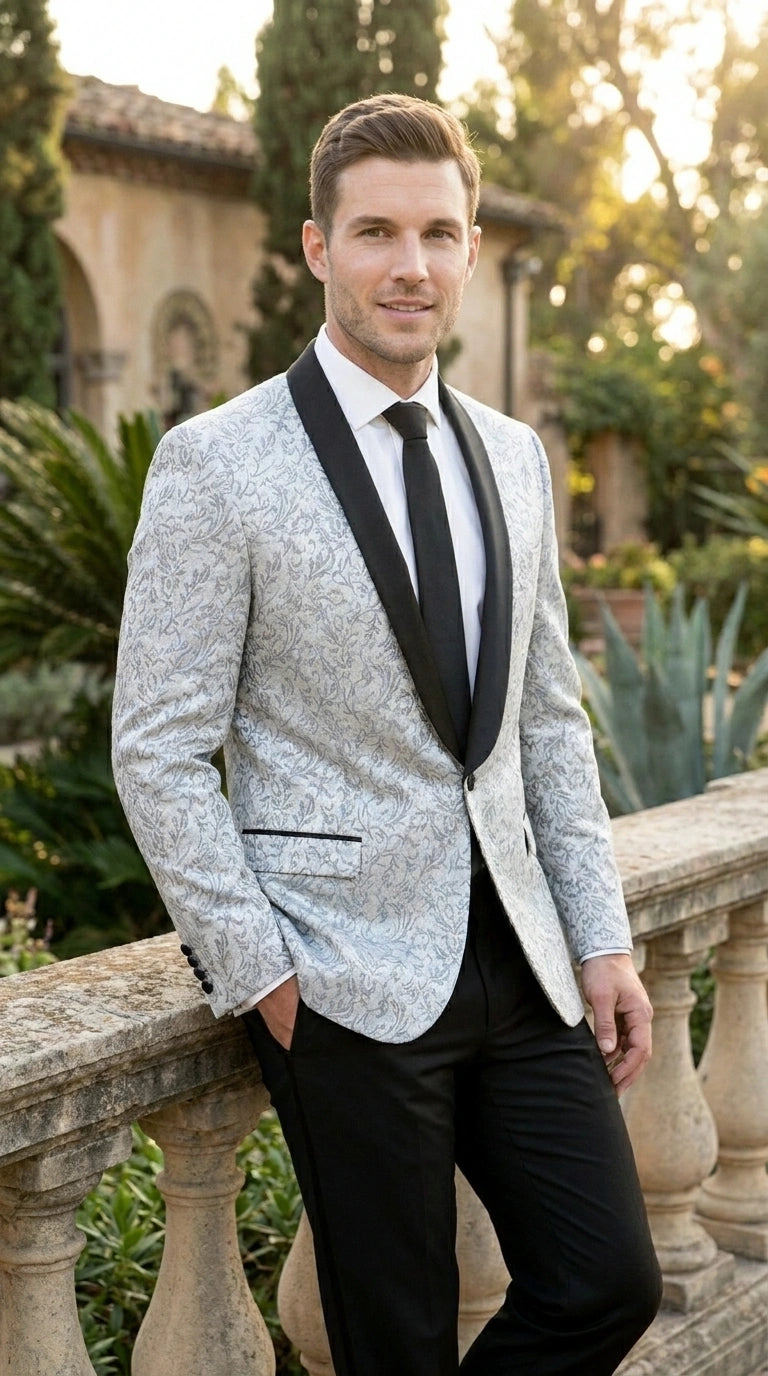Men’s Silver and Black Floral Blazer – Elegant Formal Tuxedo Style Blazer Jacket for Wedding, Party, Prom and Evening Wear