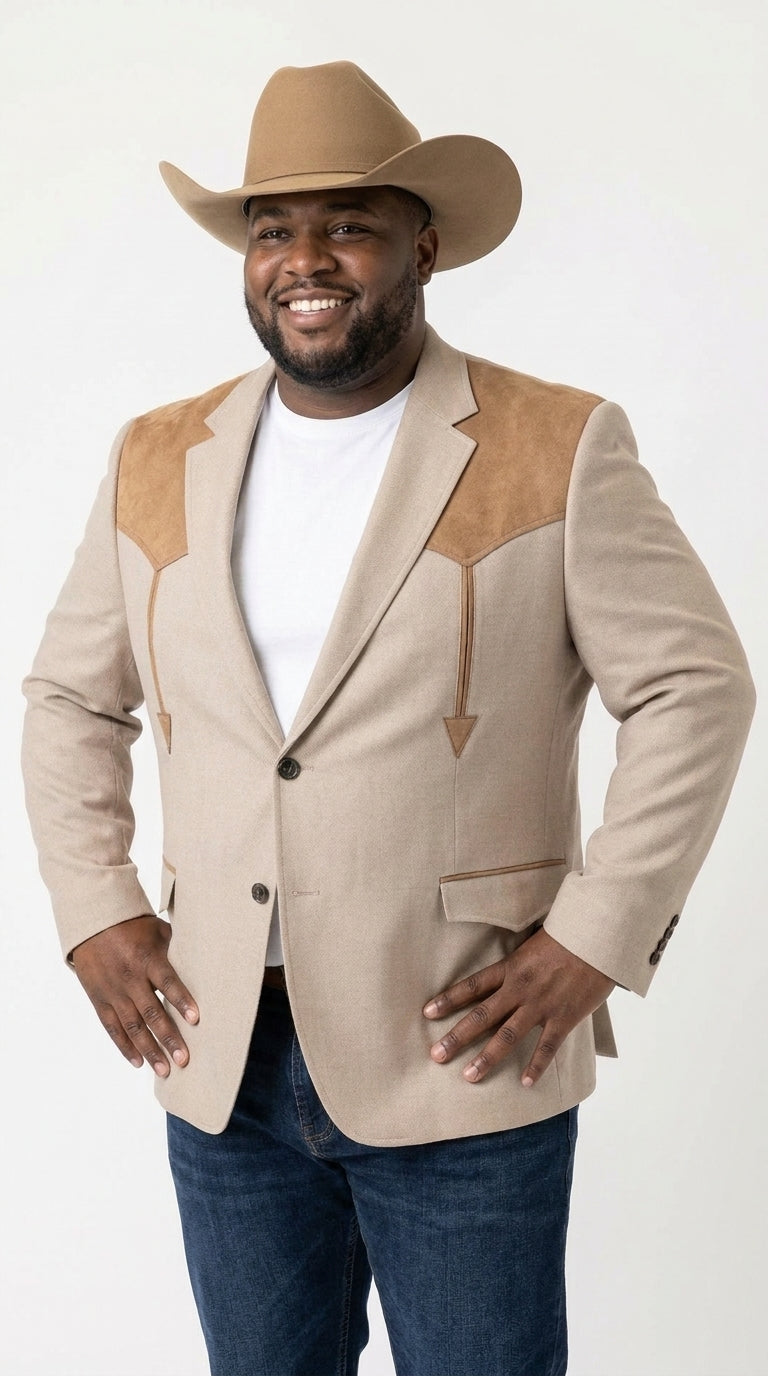 Men’s Khaki Western Blazer – Cowboy Sport Coat with Suede Yoke Detail