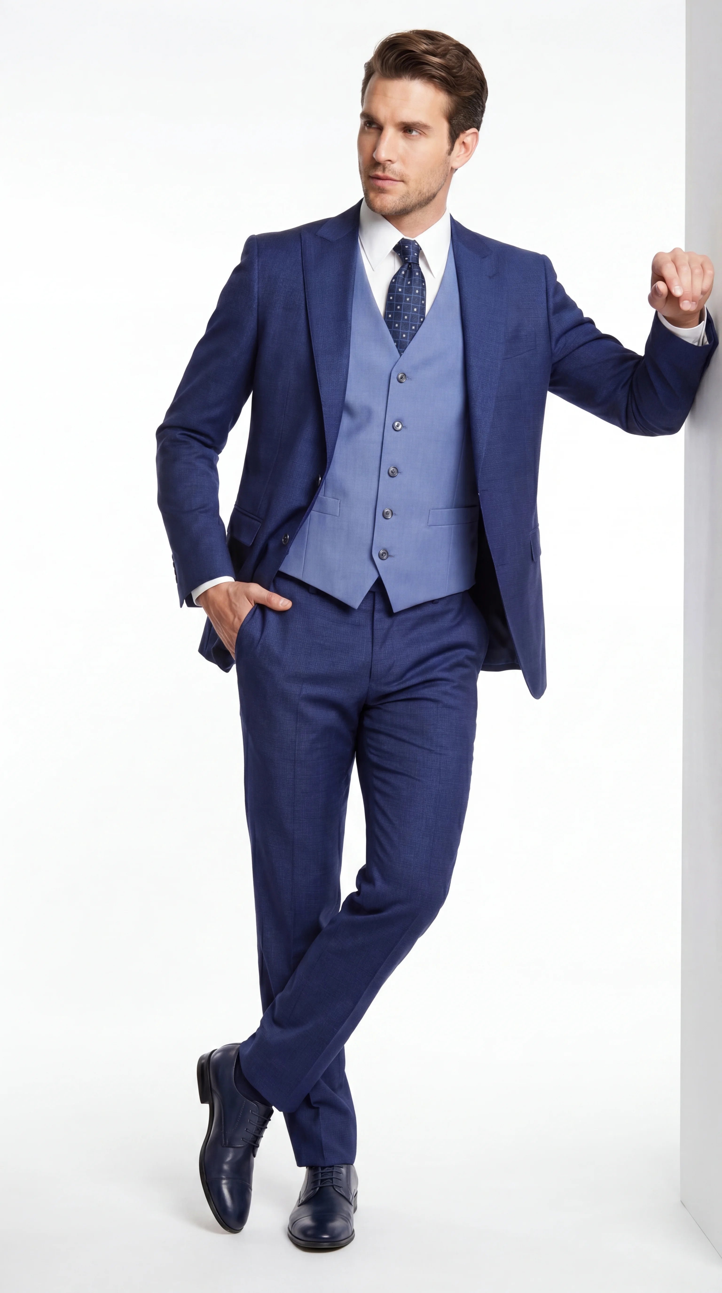 Vitalli Men’s Navy Blue 3 Piece Suit with Light Blue Vest, Textured Formal Dress Suit for Weddings, Prom, Business Events, and Parties