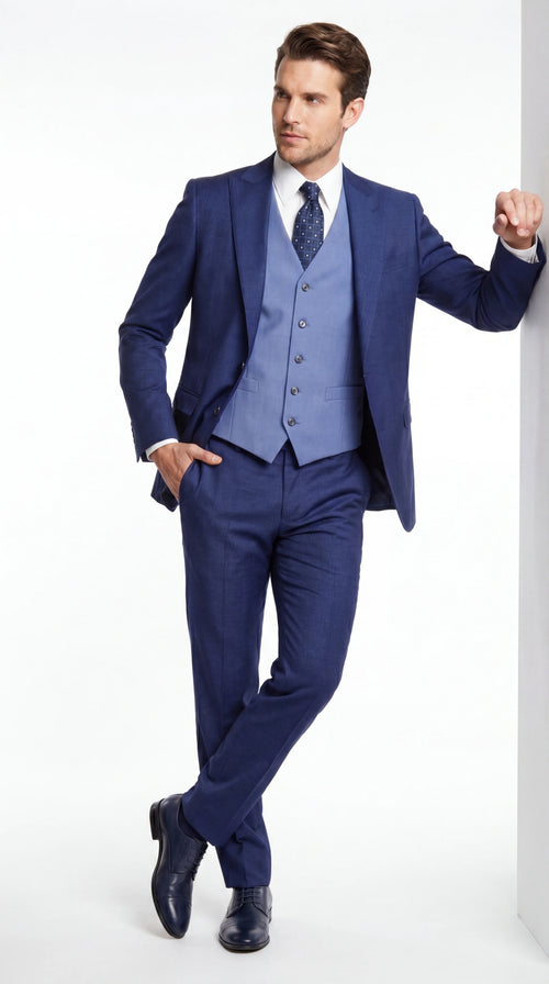 Vitalli Men’s Navy Blue 3 Piece Suit with Light Blue Vest, Textured Formal Dress Suit for Weddings, Prom, Business Events, and Parties