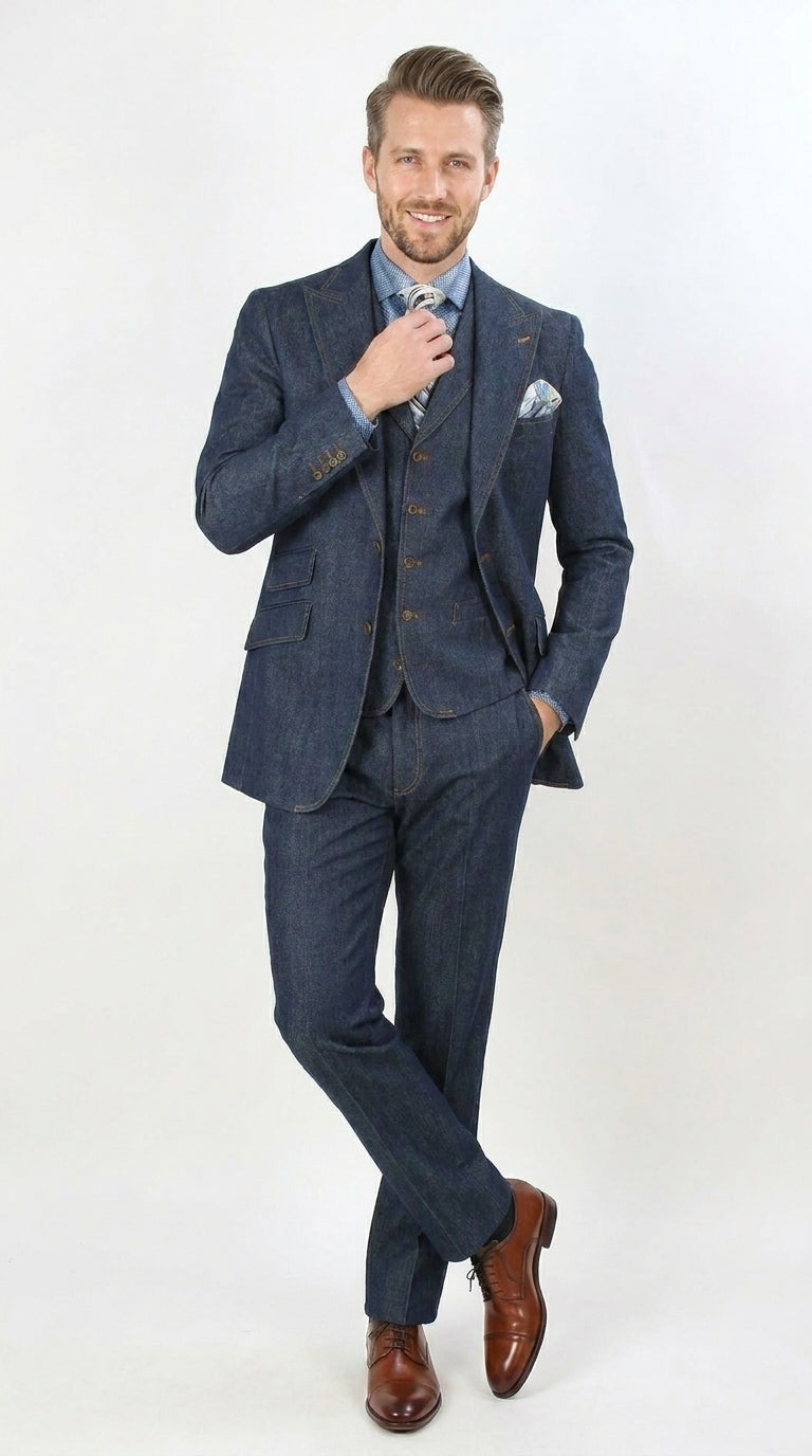 Men's Pleated Pants Dark Blue Denim 3 Piece Suit 100% Cotton Formal Suit Set, Blazer Vest Pants Outfit Classic Fit Athletic Fit Lose Fit | Alberto Nardoni Men's Pleated Pants Dark Blue Denim 3 Piece Suit 100% Cotton Formal Suit Set, Blazer Vest Pants Outfit Classic Fit Athletic Fit Lose Fit | Alberto Nardoni