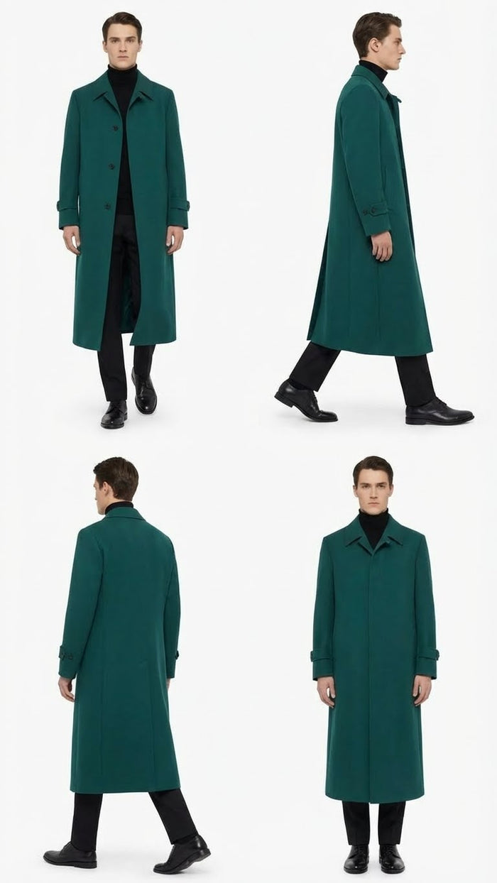 Alberto Nardoni men's green overcoat. Full-length, straight silhouette with a wide collar and button closure. Solid green, smooth fabric, knee-length. Long sleeves with buttoned cuffs, center back vent.
