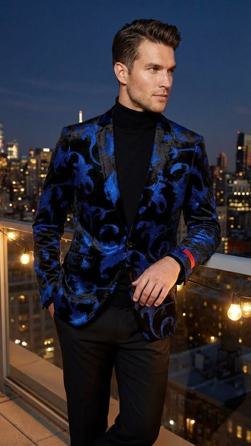 Men’s black and royal blue patterned blazer by Alberto Nardoni features a structured shape with a notched lapel, intricate swirling patterns in blue on a black background, and a smooth fabric texture.