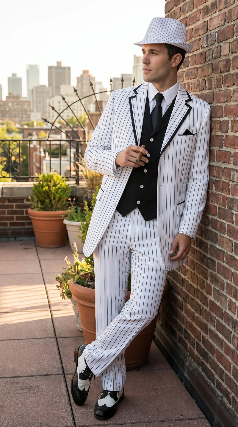 Men’s White Pinstripe 1920s Gangster 3 Piece Suit, Black Contrast Formal Costume Suit for Parties, Prom, Weddings, and Theme Events