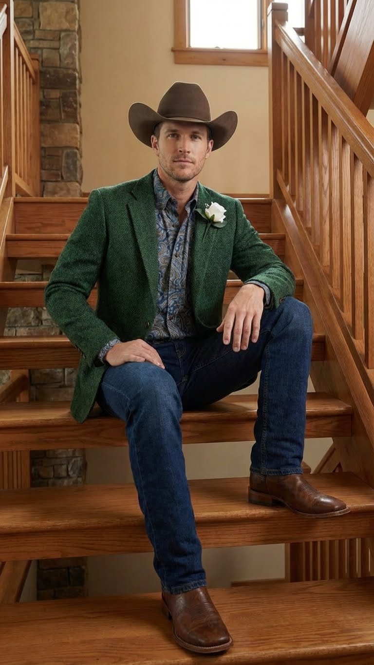 Mens Green Western Blazer Jacket – Classic Cowboy Style Sport Coat for Tweed Herringbone Country Look