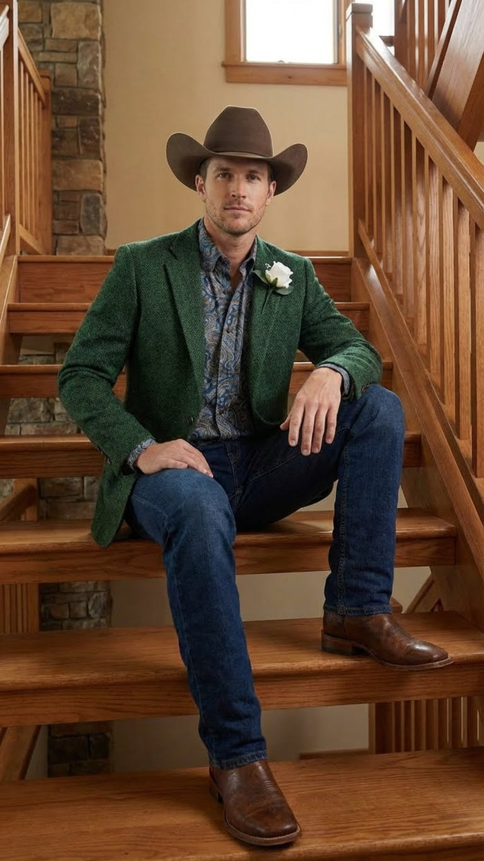 Mens Green Western Blazer Jacket – Classic Cowboy Style Sport Coat for Tweed Herringbone Country Look