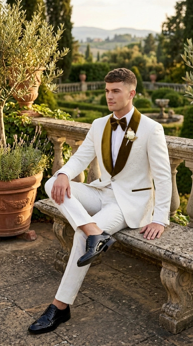 Men’s White Paisley 3 Piece With Vest Prom Tuxedo with Gold Velvet Shawl Lapel, Formal Wedding Suit Set