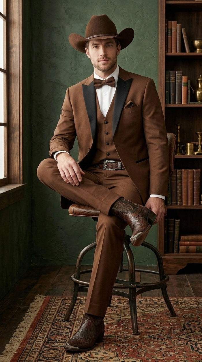 Men’s Light Brown Western Tuxedo 3 Piece Suit with Black Peak Collar Lapel, Country Look Cowboy Suit