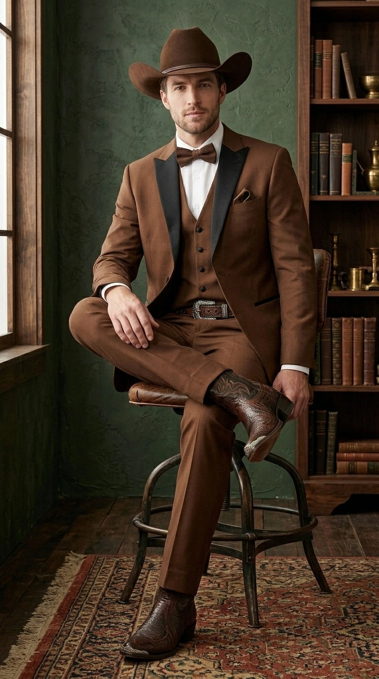 Men’s Light Brown Western Tuxedo 3 Piece Suit with Black Peak Collar Lapel, Country Look Cowboy Suit