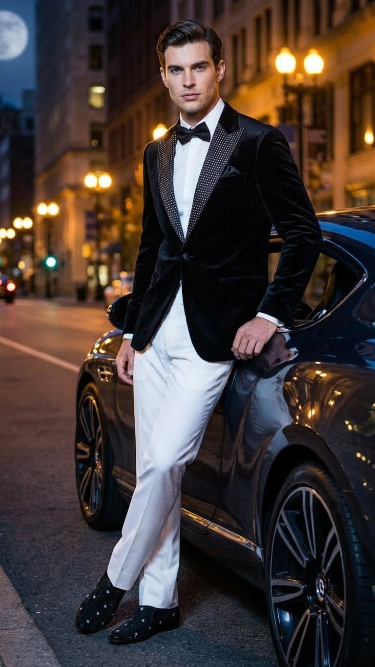 Black velvet tuxedo blazer with studded lapel. Single-button closure, tailored fit. Lustrous surface with distinctive stud detailing.
