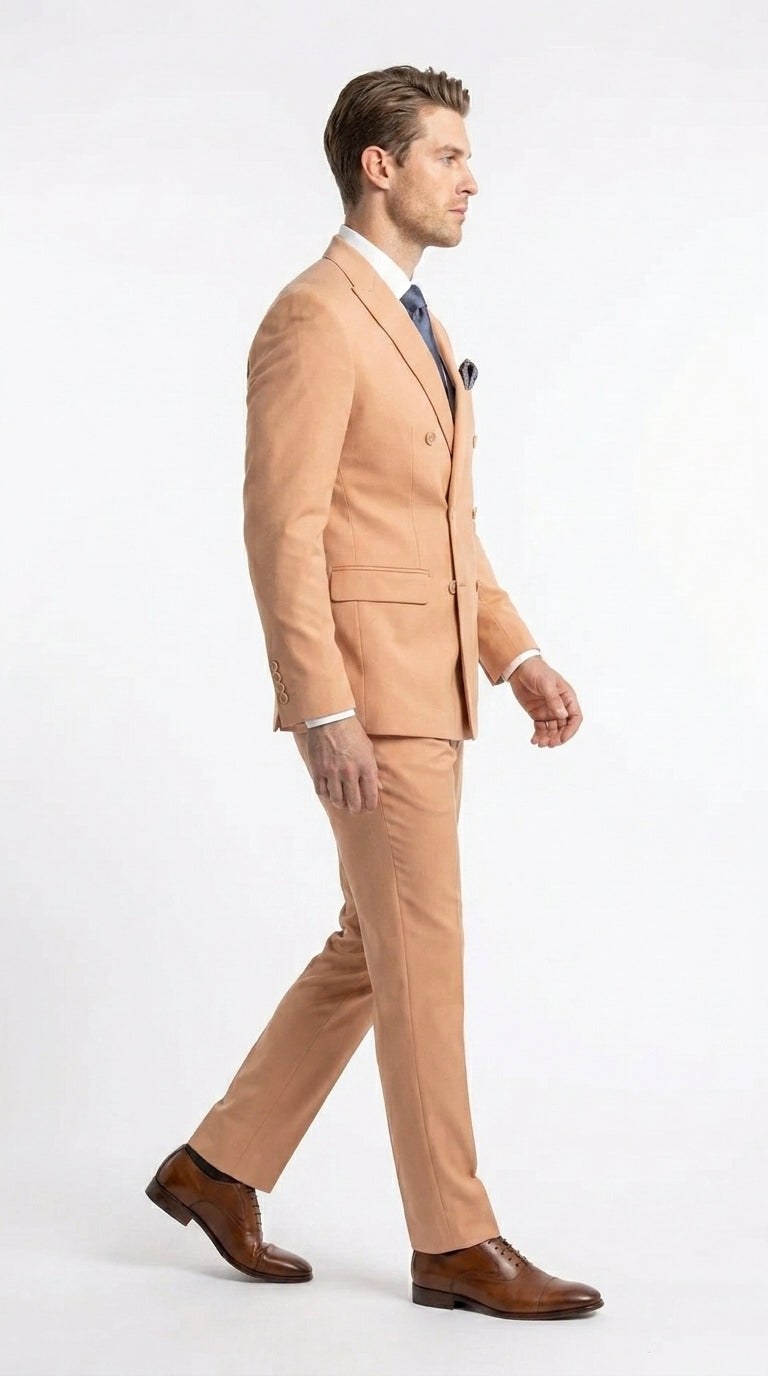Men’s Peach Double Breasted Suit – Wedding & Prom Formal Suit Set, Classic Blazer and Pants Slim Fitted