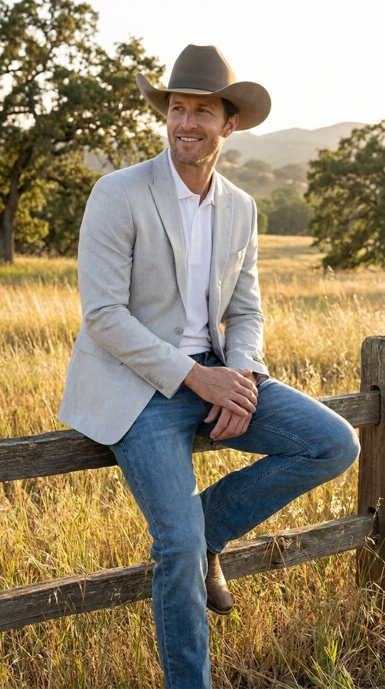 Men’s Very Light Grey - Linen Western Cowboy Blazer, Formal Sport Coat for Weddings, Parties, Country Events, and Casual Dress Wear in Ice Ash Color