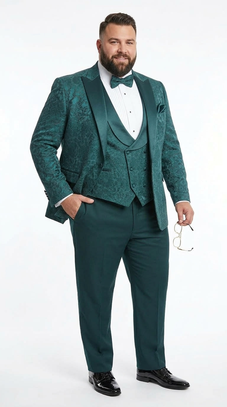 Men’s Hunter Green Paisley Tuxedo – 3 Piece Prom & Wedding Suit with Matching Bow Tie