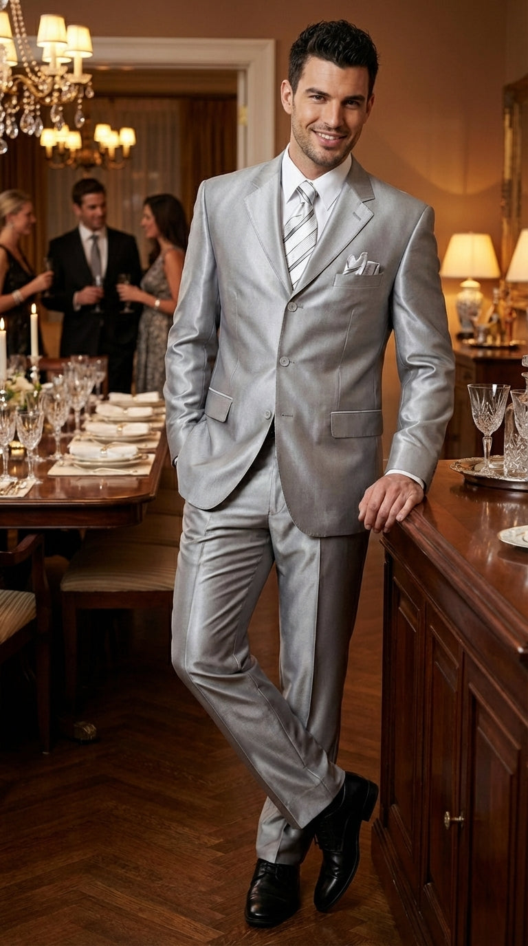 Men’s Silver Grey Sharkskin Suit – 3 Button Classic Fit Shiny Formal Suit for Wedding, Business and Party Wear
