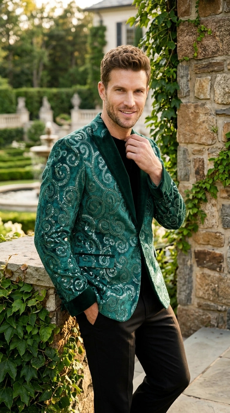 Men’s Emerald Green Paisley Tuxedo Dinner Jacket with Black Lapel, Formal Prom Wedding Party Blazer