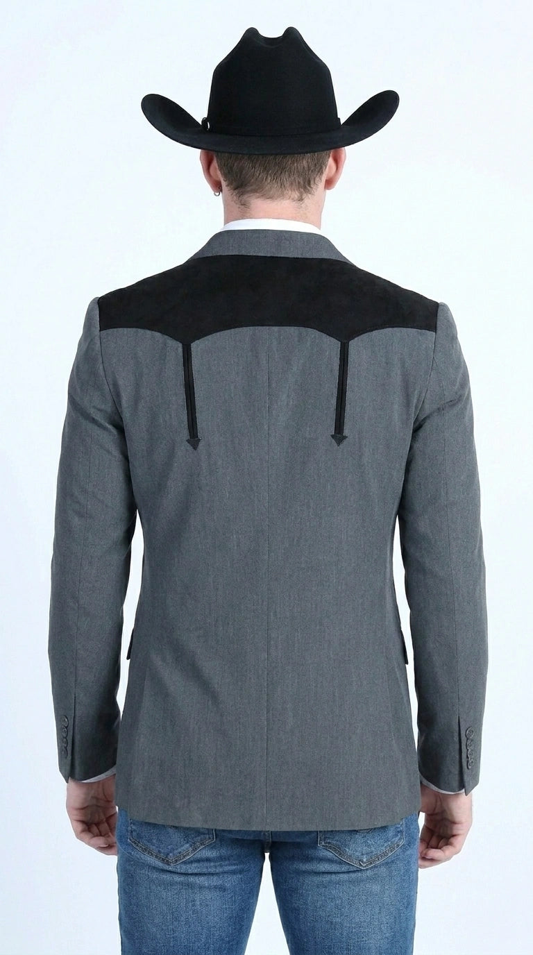 Men’s Dark Charcoal Western Blazer with Black Suede Yokes, Cowboy Sport Coat for Ranch Wedding and Country Events By Platini