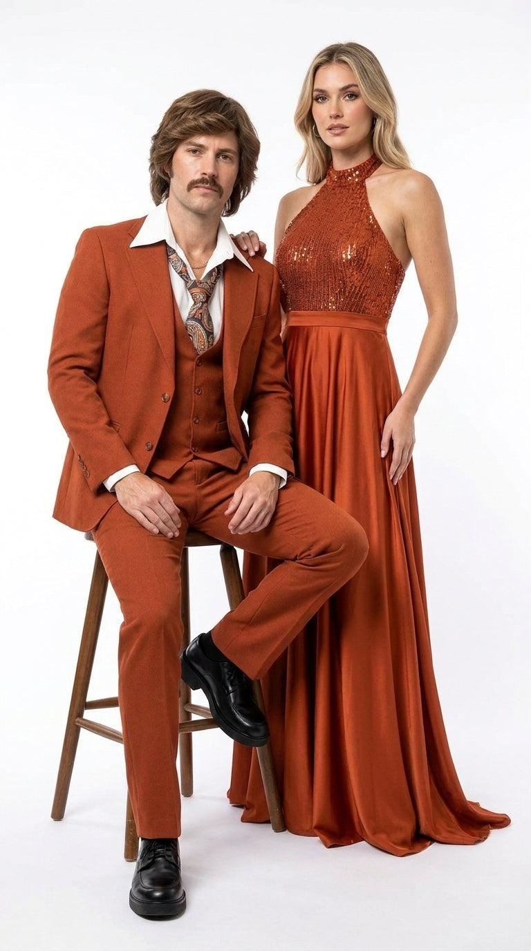 Men’s Burnt Orange 3-Piece Suit – 1970s Disco, Retro Rockabilly, Prom and Party Suit