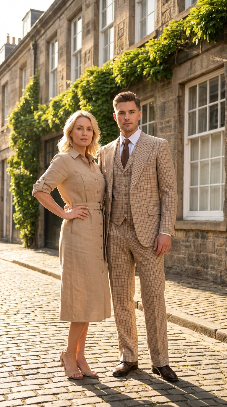 Men’s Beige tan Checkered Three Piece Suit with Classic Fit Wide Leg Pleated Pants by Rossiman khaki color