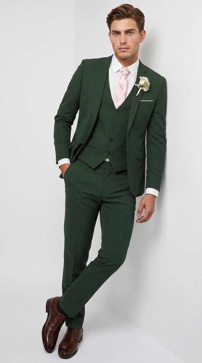 Men’s Forest Green 3 Piece Wedding Suit, Formal Groom Groomsmen Dress Suit Set