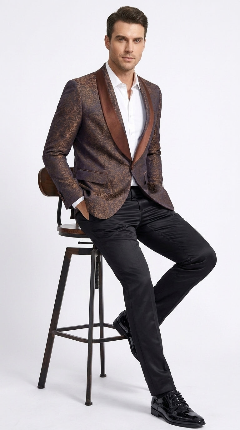 Men’s Light Brown Paisley Tuxedo Jacket, Wedding Prom Dinner Blazer with Satin Shawl Lapel