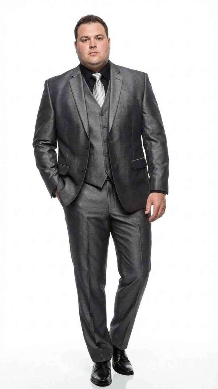 Men's charcoal gray suit with sheen. Smooth fabric, single-breasted jacket with notch lapel, structured shoulders, and matching trousers. Includes a three-piece vest. Tailored fit, straight-leg trousers. Uniform color emphasizing sheen. Sleek, formal design.
