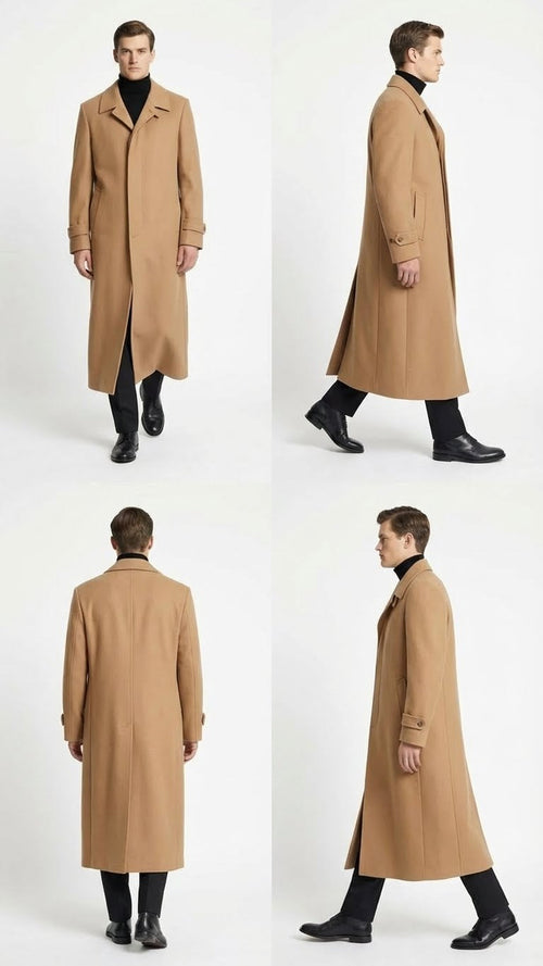 Men's camel wool-blend overcoat. Straight cut, single-breasted, pointed collar. Features side pockets, buttoned cuffs, and back vent. Visible stitching.
