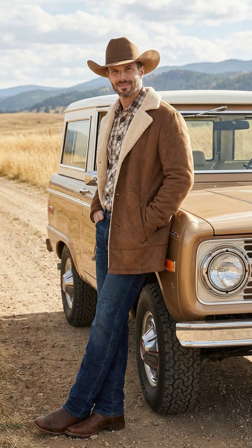 Men's brown western faux suede blazer coat with a collar and two front pockets, featuring a plush, contrasting inner lining. The coat appears to have a relaxed fit and long sleeves.