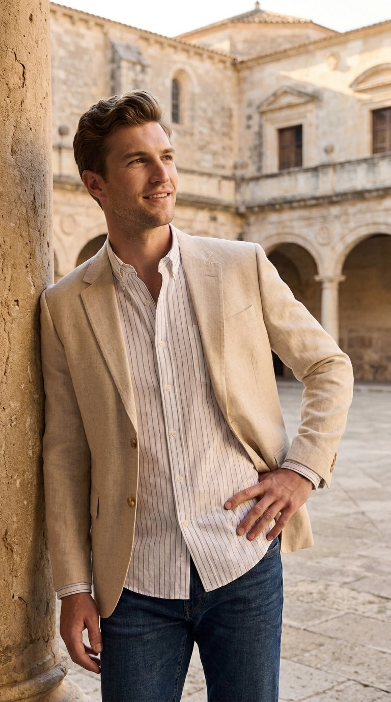 Men’s Light Tan Sport Coat – Classic Two-Button Casual Blazer for Business, Weddings & Smart Casual Wear Modern Fit Linen Fabric