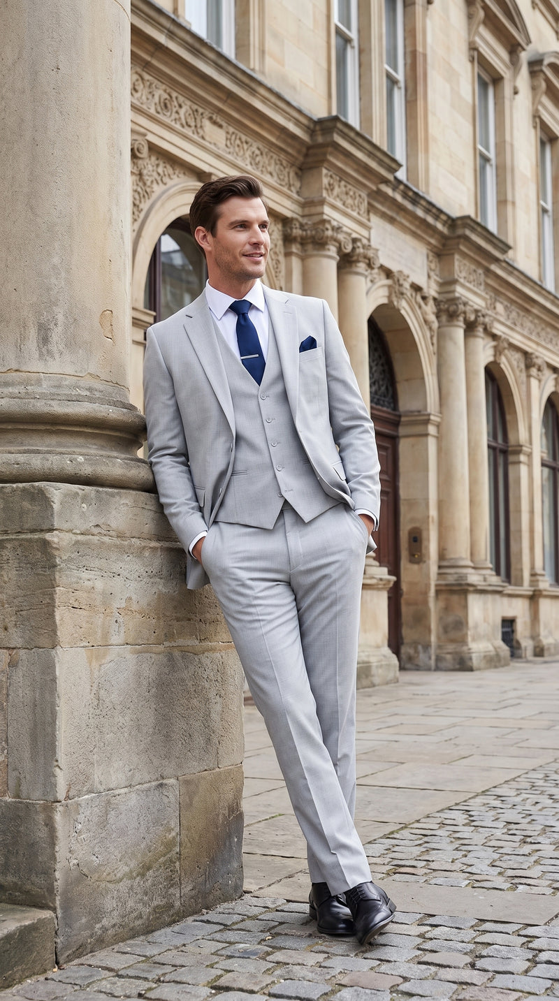 Men’s Silver & Navy Blue 3-Piece Suit – Wedding, Business and Formal Suit with Free Matching Tie