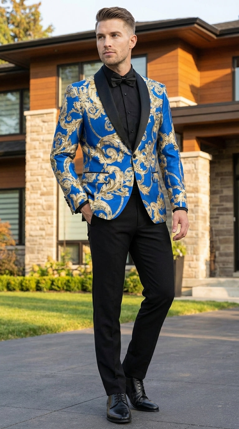 Men’s Royal Blue and Gold Blazer Jacket – Luxury Floral Pattern Tuxedo Blazer, Formal Party Wedding Dinner Jacket, Stylish Evening Wear