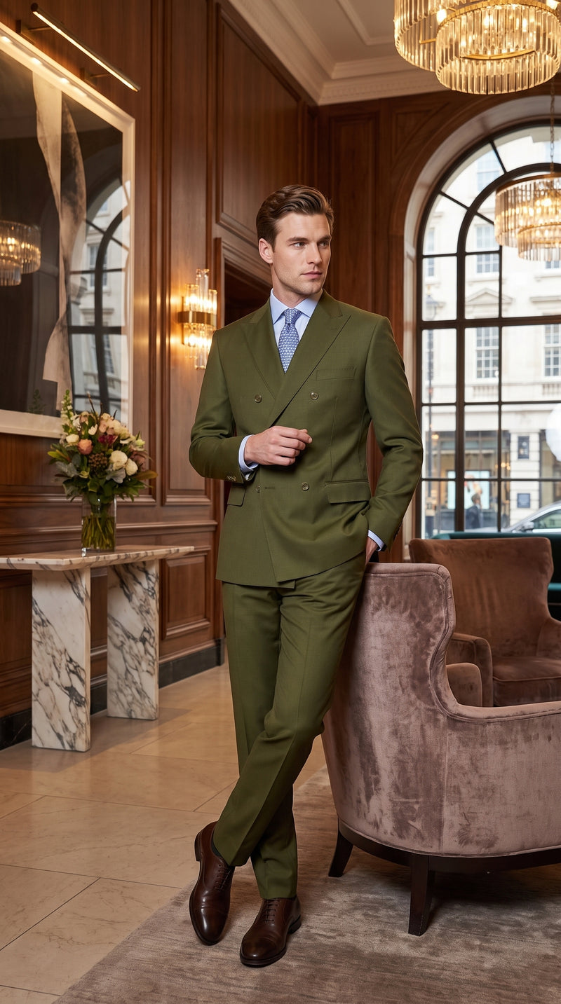 Men’s Olive Green Double-Breasted Suit – Classic Peak Lapel Wedding, Business Hunter Color