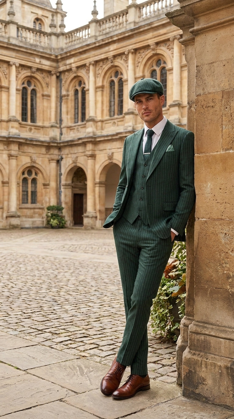 Men’s Hunter Green Pinstripe 3-Piece Suit – Vintage Wedding, Prom and Formal Suit with Matching Vest